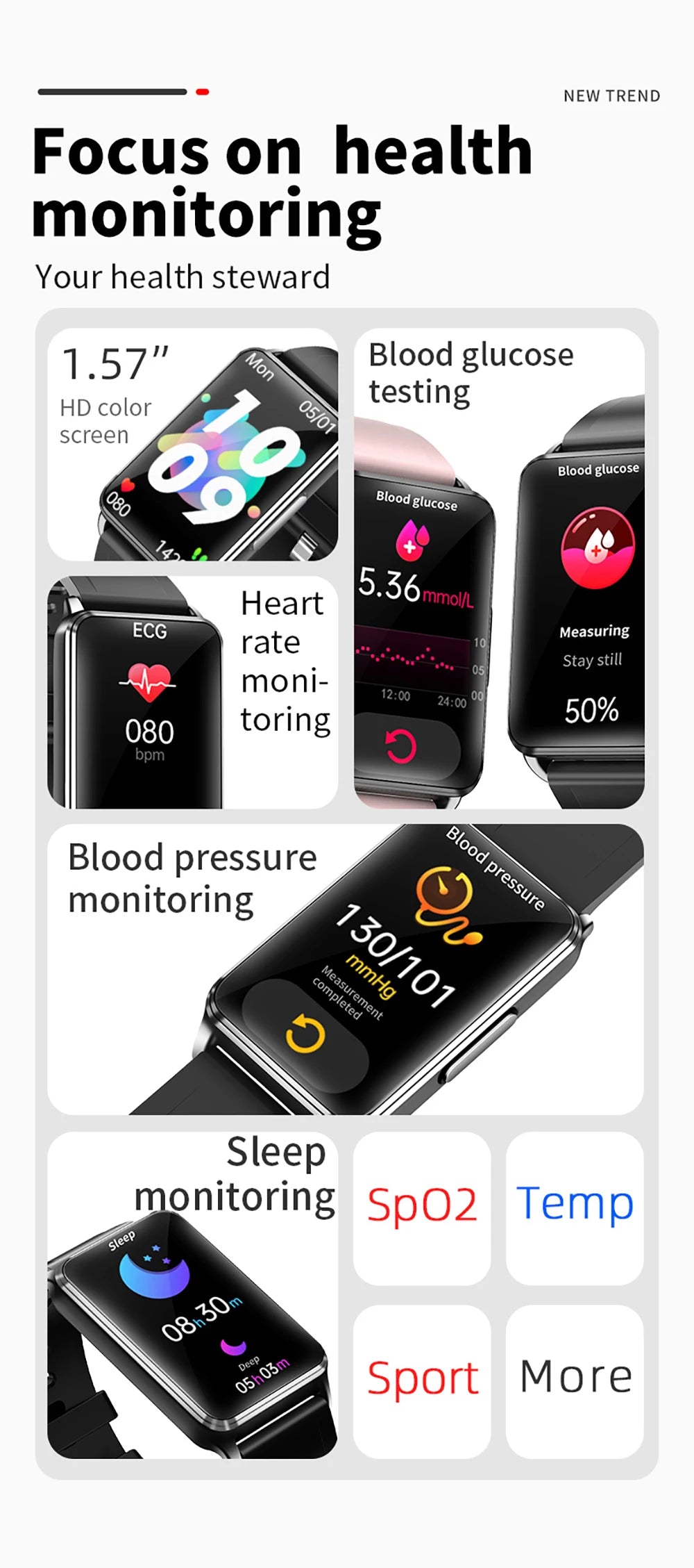 2024 Men 1.57" Health Monitor Smart Watch Blood Sugar Heart Rate Blood Pressure Temperature ECG HRV Waterproof Women Smartwatch