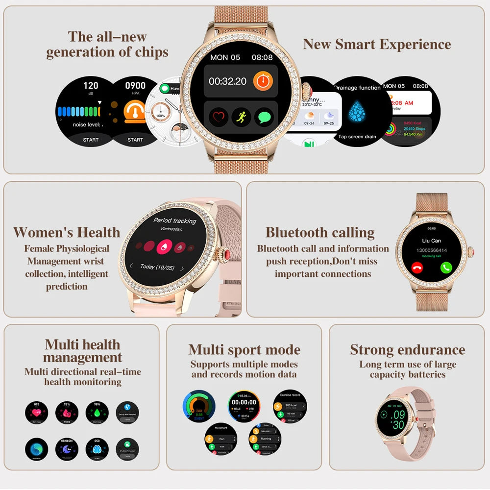 2024 New Smart Watch Women 1.26 inch Diamond Case Sports Bracelet Heart Rate Blood Oxygen Bluetooth Call Smartwatch For Xiaomi