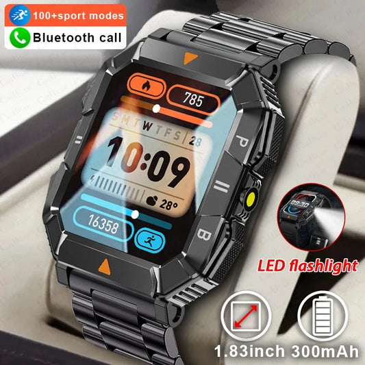 LED Flashlight Smartwatch Men Heart Rate Sleep Monitoring 100+Sport Mode Waterproof Bluetooth Call Military Smart Watch 2024 New