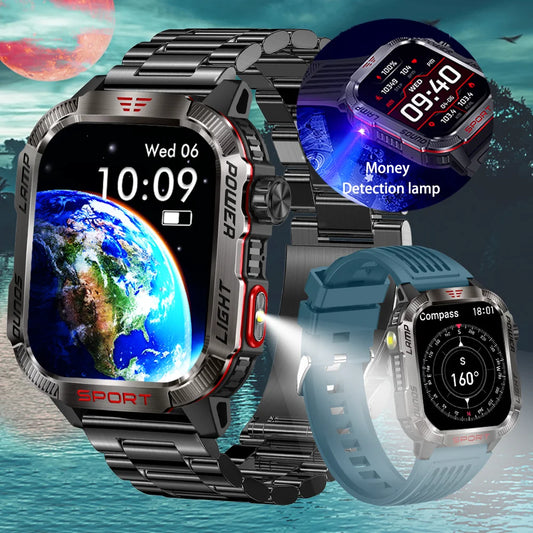 2024 New Android Military Smartwatch For Men LED Flashlight Compass IP68 Waterproof Activity Tracker Bluetooth Talk Smartwatch