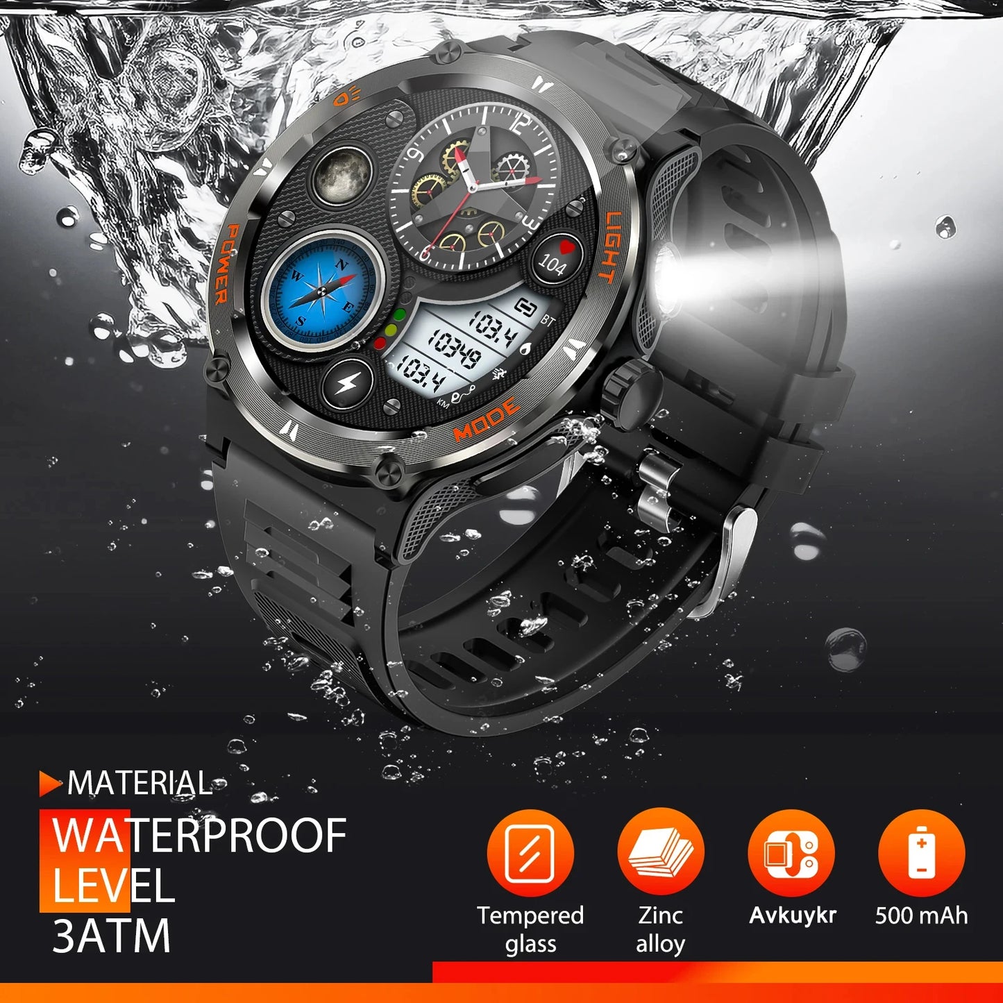 2024 New For Huawei IOS Top Outdoor Military Smartwatch Men Compass Bluetooth Call 3ATM Waterproof Heart Rate LED Lighting Watch