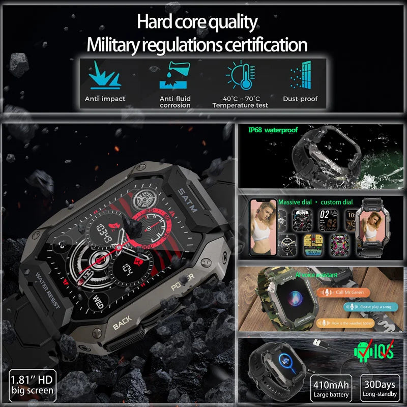 Rugged Military Outdoor Smart Watch Men 2024 for Android Xiaomi Ios Sports Waterproof Watches Fitness Clock Call Smartwatch C20