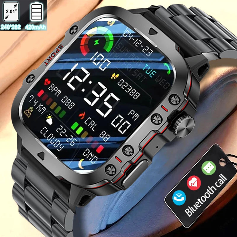 2024 Military Smart Watch Men 1.96 Inch Screen 420 MAh AI Voice Bluetooth Call Health Monitoring Waterproof Men SmartWatch