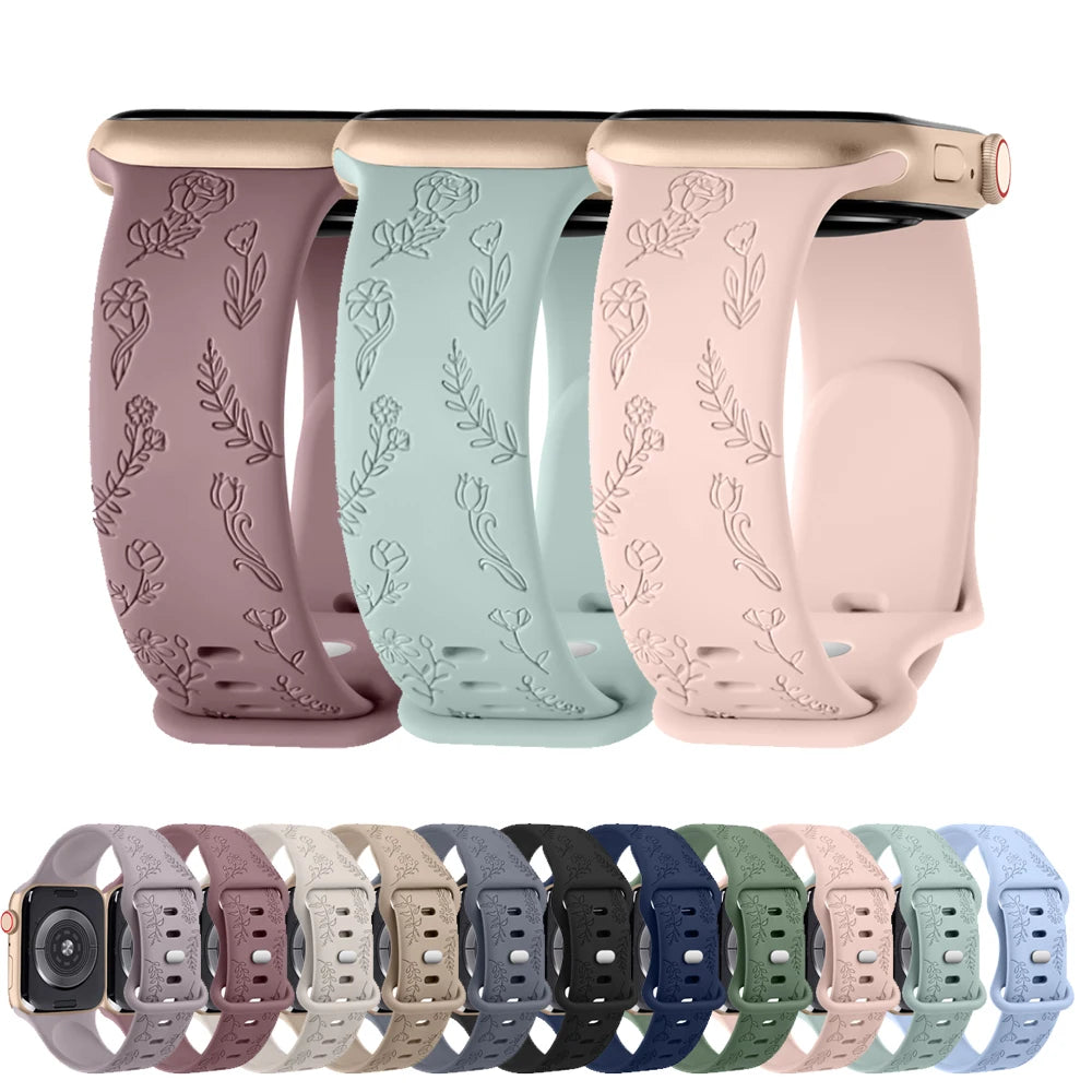 Silicone Strap For Apple Watch Band 49mm 44mm 42mm 41mm 40mm 45mm Floral Engraved Band For iwatch series 9 7 SE 6 8 5 4 Ultra 2