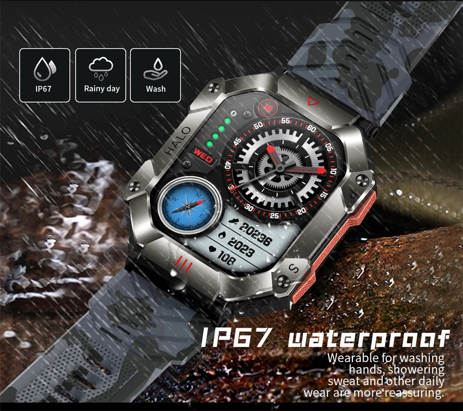 2024 New Durable Military Smart Watch Men Bluetooth Call Custom Dial IP67 Waterproof Compass Sports Smartwatch For Android Ios