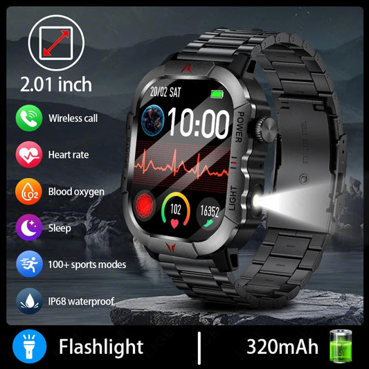 2024 Military Men Smart Watch LED Flashlight 2.01-inch Screen Waterproof Wristwatch AI Voice Assistant Sport Smartwatch For Man