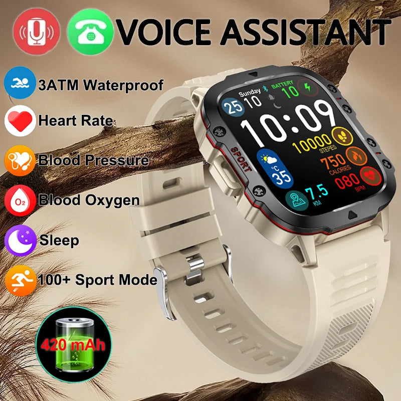 Outdoor 2024 Smart Watch Men Rugged Durable HD Display Bluetooth Call Fitness Bracelet 3ATM Sports Smartwatch For Huawei Xiaomi