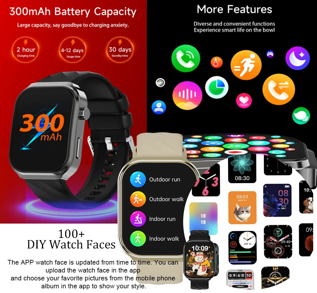 2024 New  Men Women Smartwatch 2.1 inch square screen 320 * 386 resolution heart rate and blood pressure monitoring Wristwatch