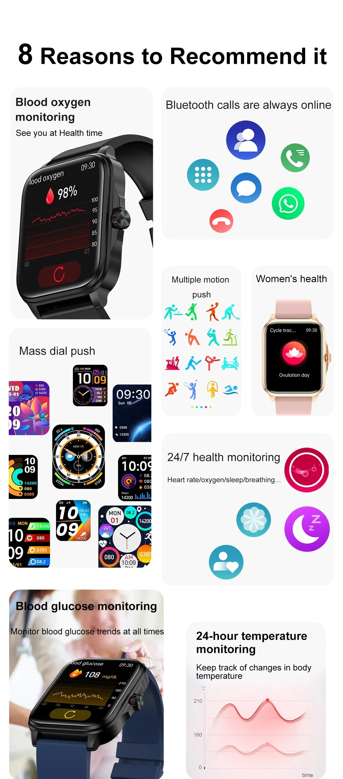 T90 Blood Glucose Blood Oxygen Blood Pressure Heart Rate Monitoring Bluetooth Call Health Fashion Smart Watch For Men Women 2024