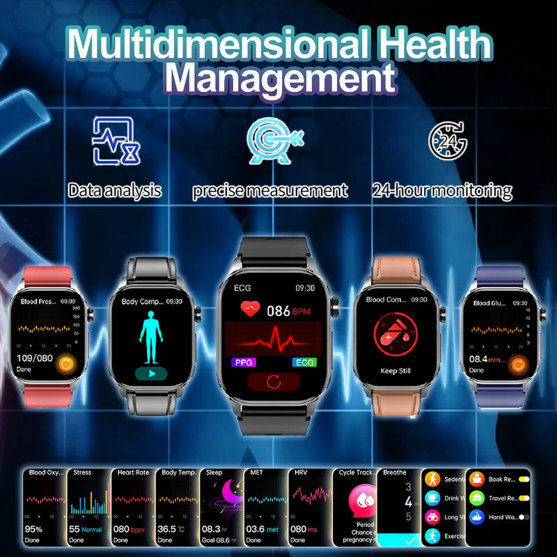 2024 New Ecg Smart Watch Men AMOLED Watches Heart Rate Blood sugar Lipids Uric Acid Women Health Tracker Call SmartWatch Ledies