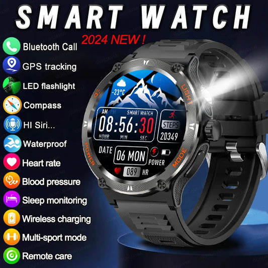 2024﻿ New For Xiaomi Military Grade Outdoors Smart Watch Men LED Light Compass Waterproof HD Bluetooth Call Sports Smartwatches