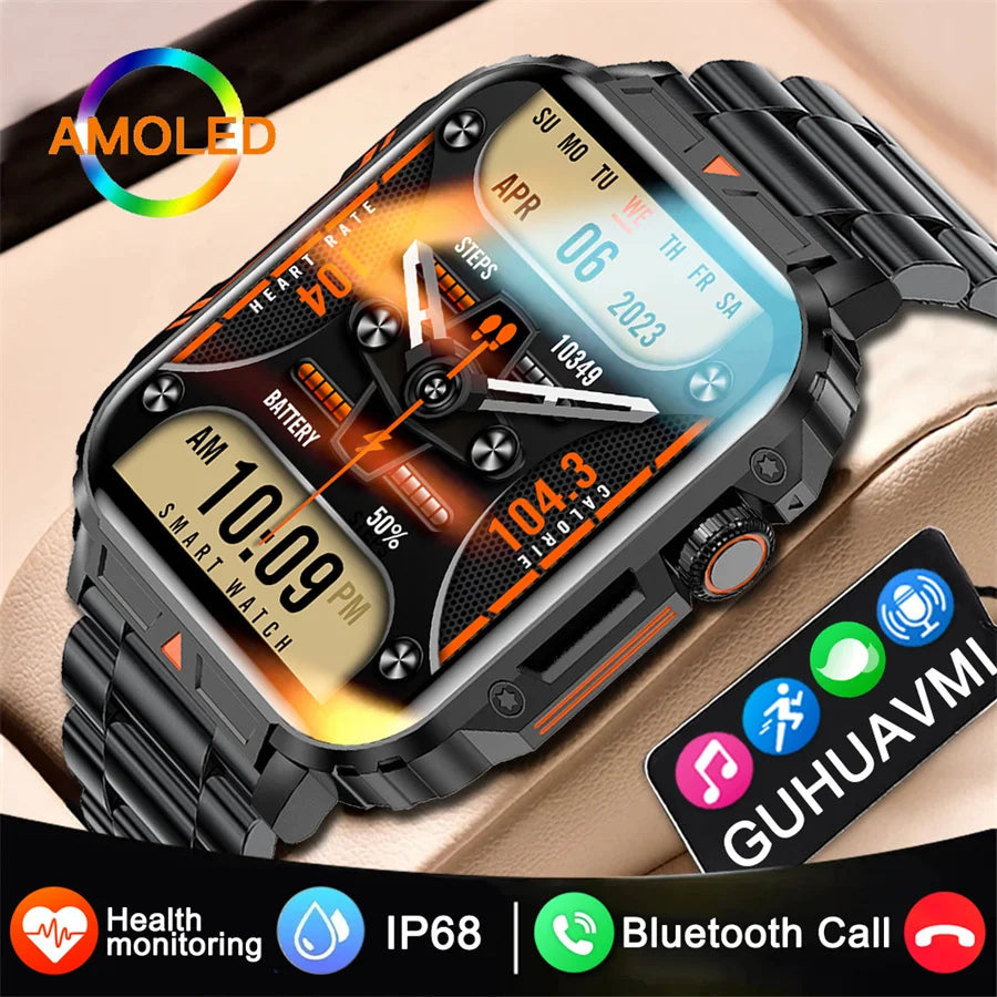 Rugged Military Smart Watch Men AMOLED HD Screen Heart Rate Bluetooth Call GPS Outdoor Sport Tracker Health IP68 SmartWatch 2024