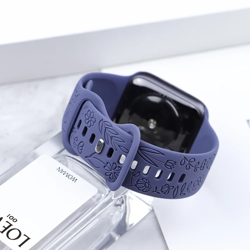 Fashion Engraved Strap for Apple Watch Ultra 2 Band 49mm 45mm 44mm 40 41mm Floral Silicone Bracelet IWatch Series 9/8/7/6/5/4/se