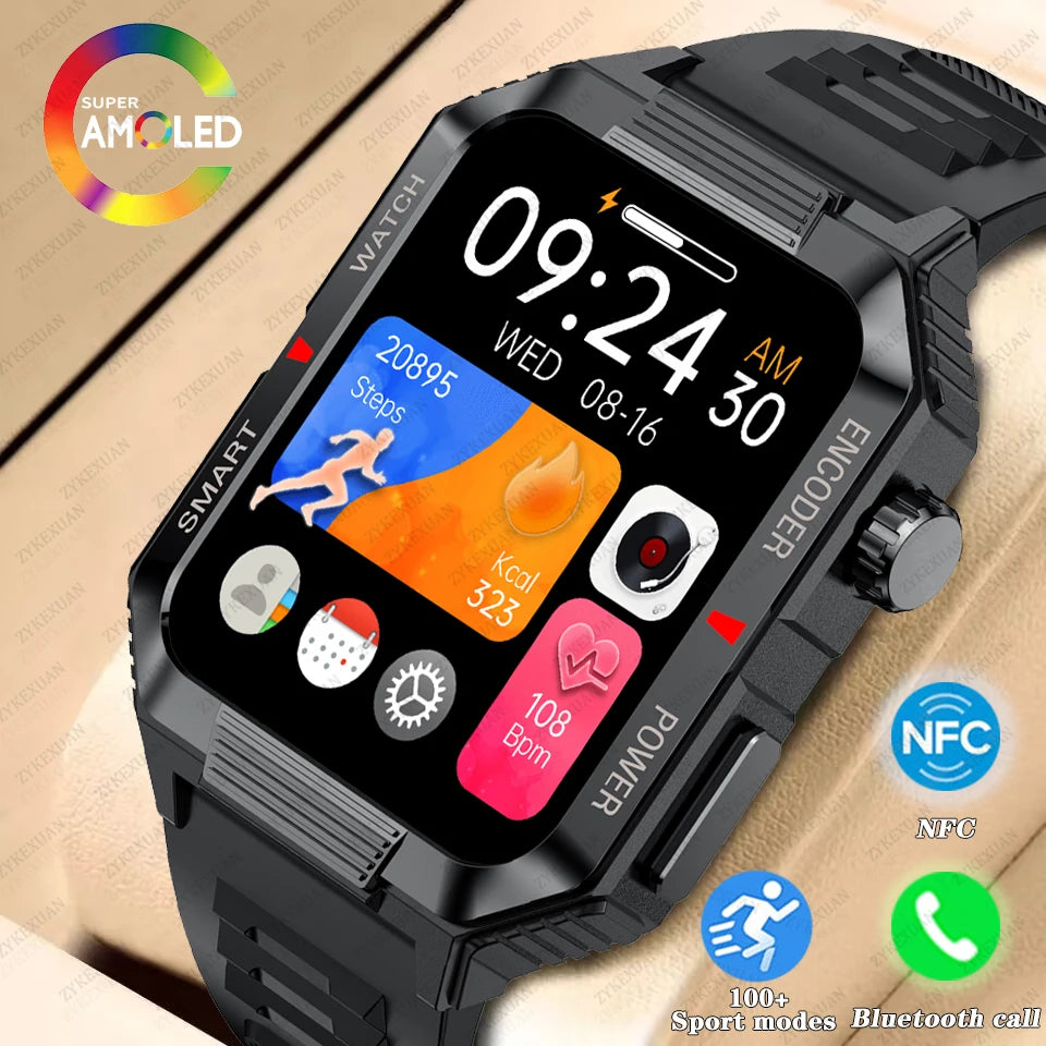 2024 New Rugged Military NFC Smart Watch Men AMOLED HD Screen Heart Rate Bluetooth Call Waterproof Outdoor SmartWatch For Xiaomi