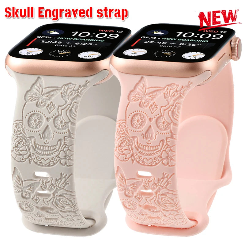 Skull Engraved Strap For Apple Watch Band Ultra 2 49mm 45 44 40 41 42 38mm Floral Silicone Bracelet For iWatch Series 8 9 765 SE