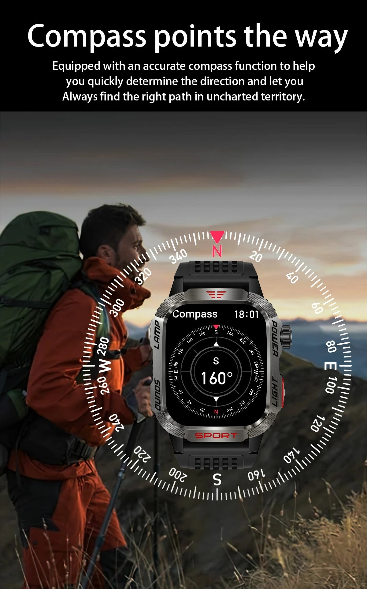 2024 Smarthwhatch Flashlight Outdoor Sports Smart Watch Men Women 600mah reloj hombre Compass Bluetooth Music 2.01'' Smartwatch