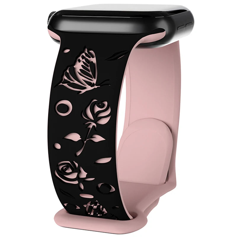 Floral Engraved Strap for Apple Watch Band 38mm 40mm 41mm 42mm 44mm 35mm 49mm Silicone Bracelet Iwatch Series Ultra 9 8 7 SE 6 5