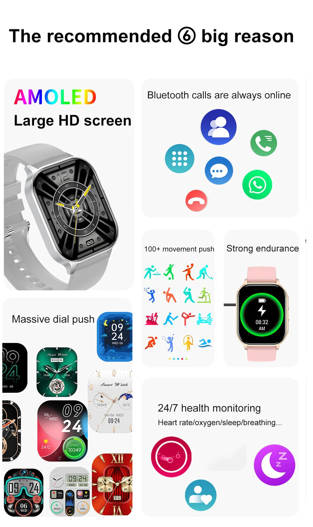 2024 New 2.04" AMOLED HD Screen Blue Tooth Call Smart Watch Sports Fitness Heart Rate Men Women NFC Music Waterproof Smartwatch