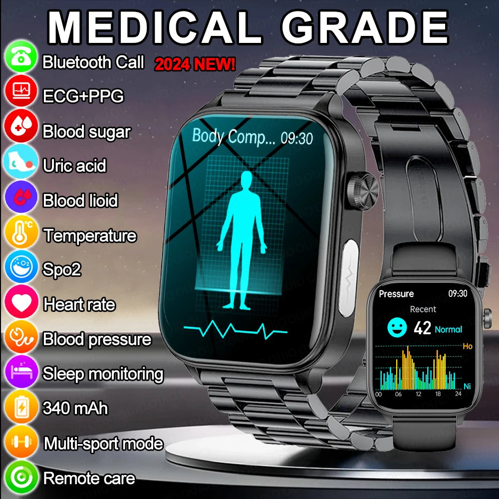 2024 New ECG+PPG Uric Acid Non-Invasive Blood Sugar Smartwatch Men Bluetooth Call Heart Rate Blood Pressure Smart Watch Women