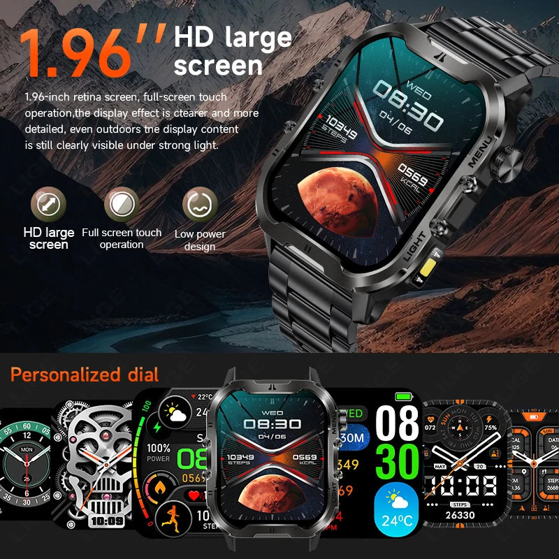 LIGE 2024 Smart Watch Men 1.96"  Waterproof Outdoor Sports Watches Thermometer Health Monitoring BT Call Smartwatch For Xiaomi