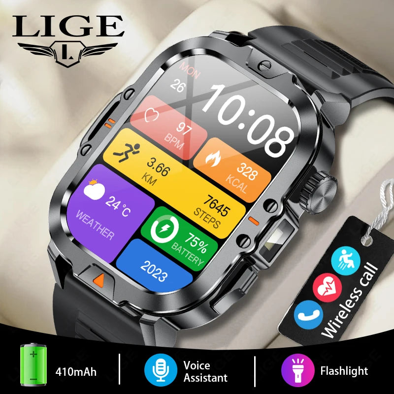 LIGE Outdoor Smart Watch 2.01-inch Screen Bluetooth Call LED Flashlight Watches Heart Rate Blood Oxygen Monitor Smartwatch 2024