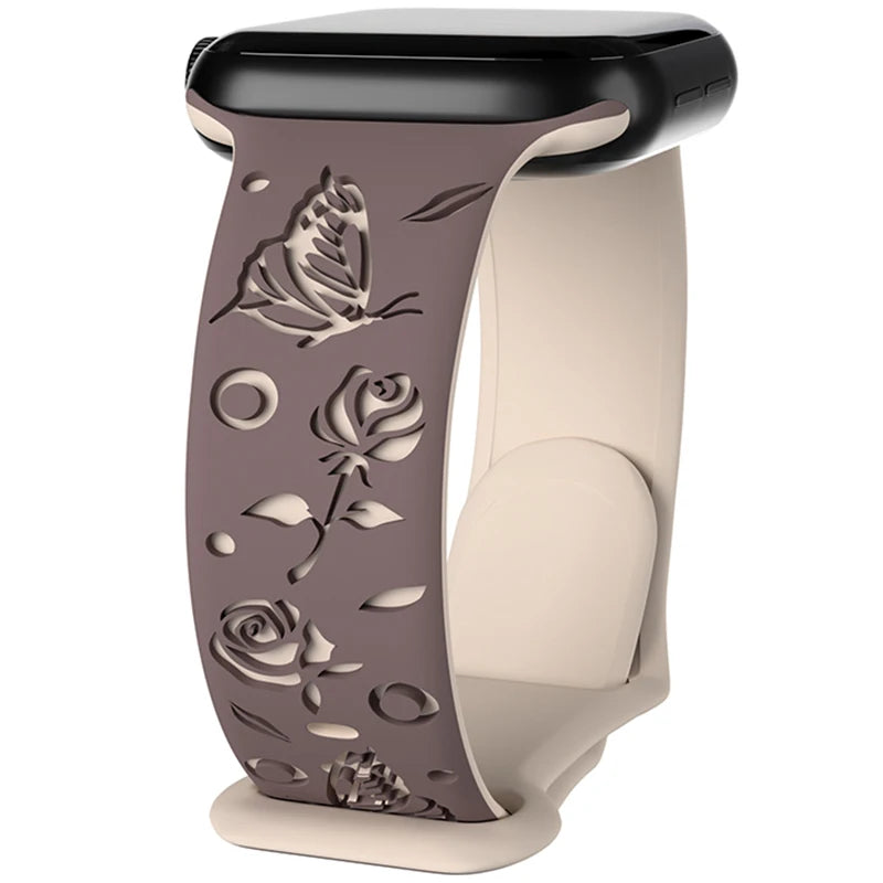 Floral Engraved Strap for Apple Watch Band 38mm 40mm 41mm 42mm 44mm 35mm 49mm Silicone Bracelet Iwatch Series Ultra 9 8 7 SE 6 5