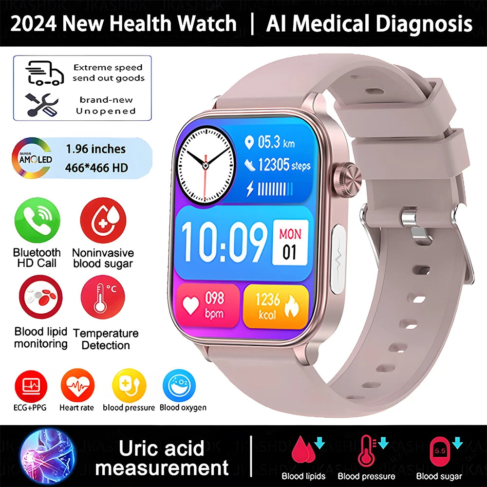 2024 New Women Medical Grade ECG+PPG Uric Acid Non-Invasive Blood Sugar Smart Watch Men Heart Rate HD Bluetooth Call smart watch