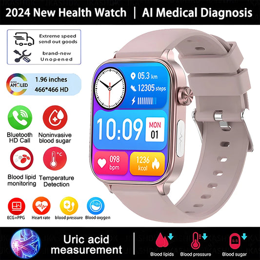 2024 New Women Medical Grade ECG+PPG Uric Acid Non-Invasive Blood Sugar Smart Watch Men Heart Rate HD Bluetooth Call smart watch