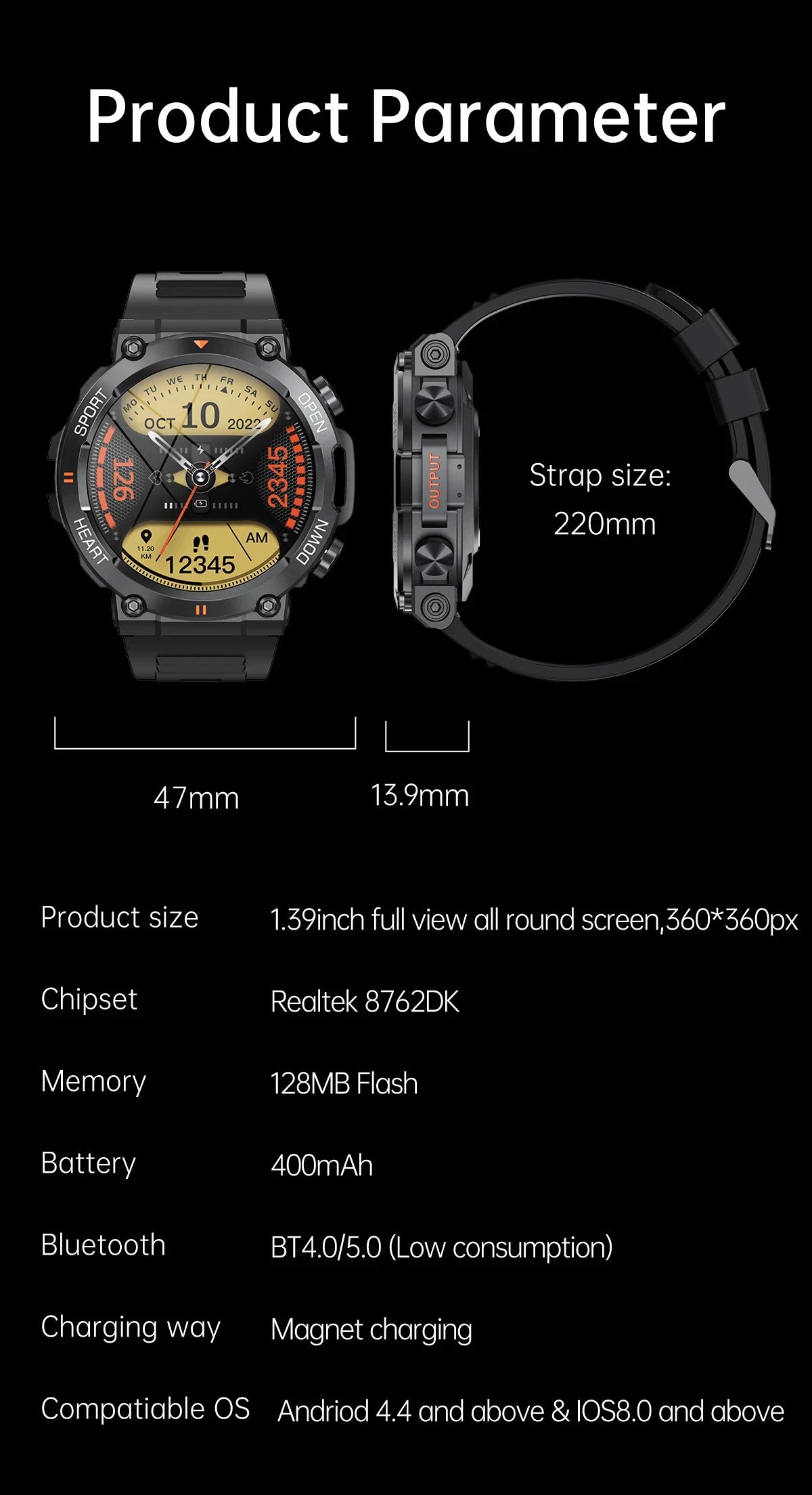 2024 New Smart Watch Men Military Health Monitor 1.39'' Bluetooth Call Fitness Waterproof Sport Smartwatch for IOS Android Phone