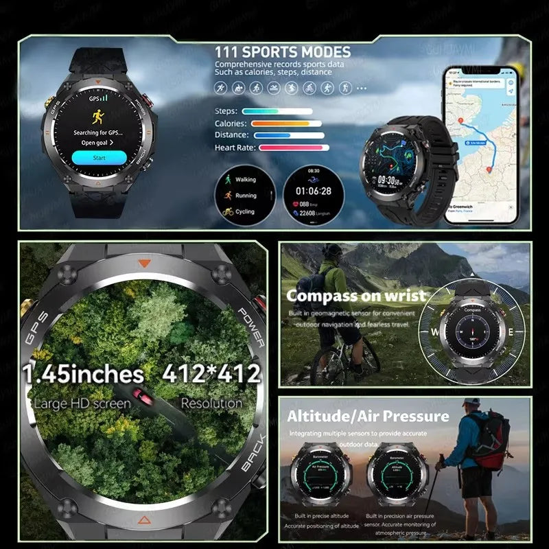 2024 GPS Smart Watch Men 1.45" Ultra HD Display Compass Altitude Sports Bluetooth Call 1ATM waterproof 650mAh Battery Smartwatch