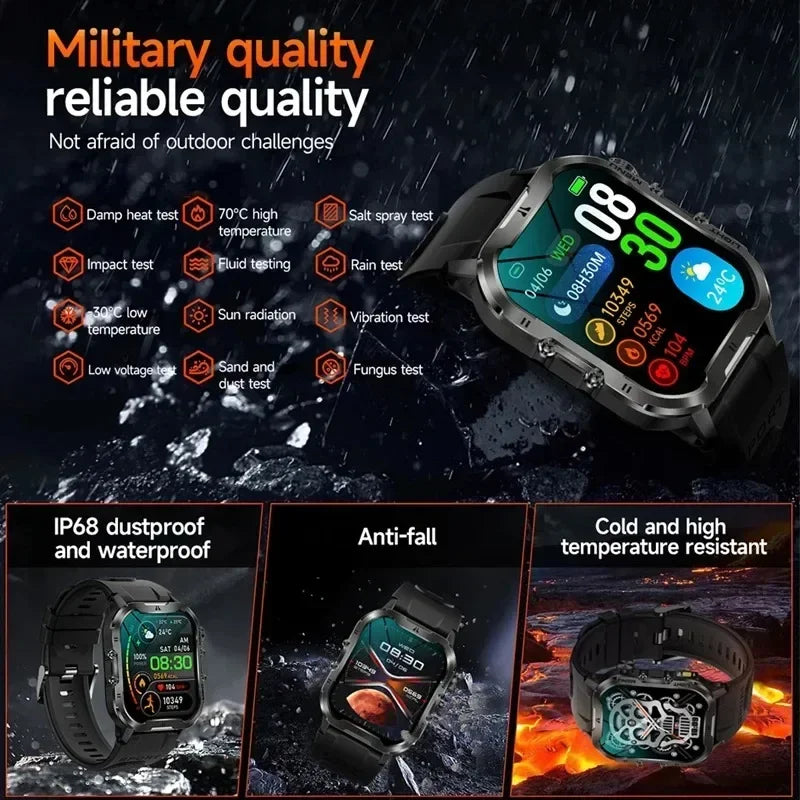 2024 Military Smart Watch Men LED Flashlight Bluetooth Outdoor reloj inteligente Sports Fitness Smartwatch For HUAWEI Xiaomi ios