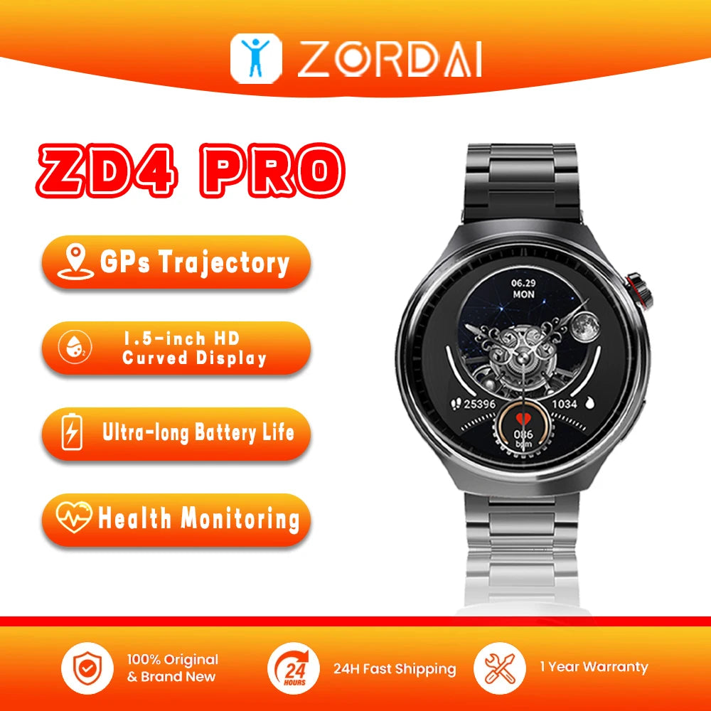 Zordai ZD4Pro GPS Smart Watch Men For Huawei GT4 Pro Sphere Screen Heart Rate Bluetooth Call IP68 Waterproof Smartwatch 2024 New