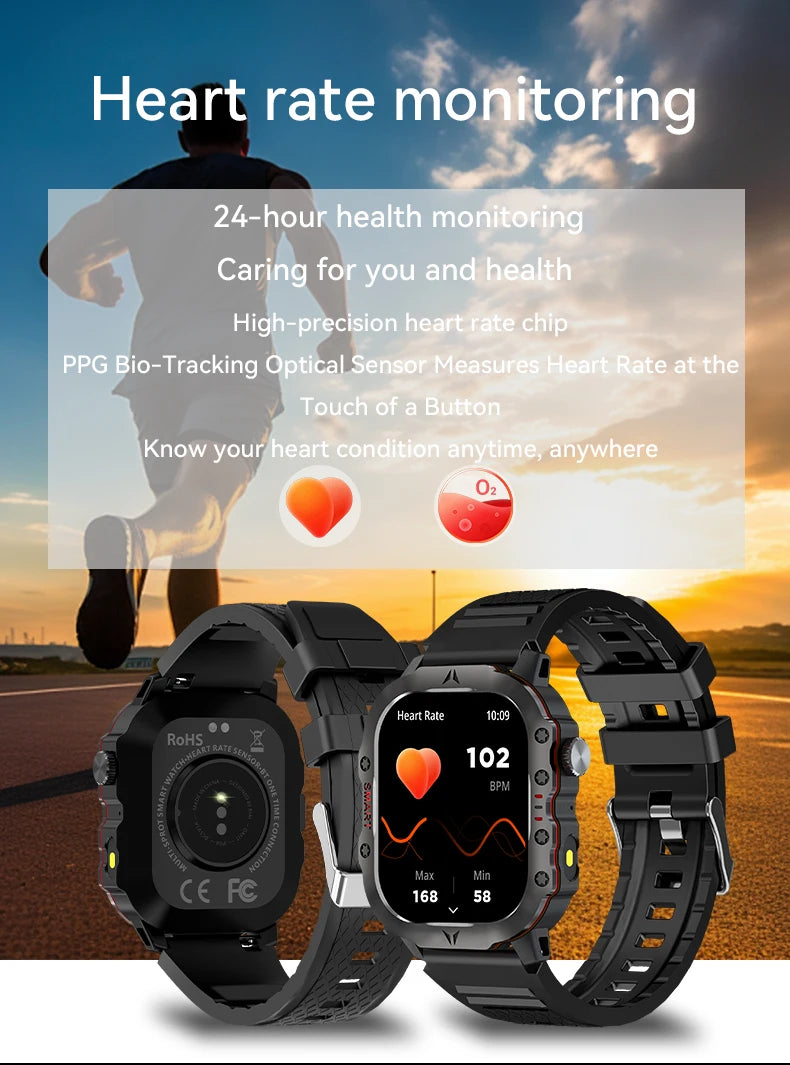 2024 New Watch For Android IOS Military Smart Watch Men IP68 Outdoor Sports Fitness Tracker Health Monitor 2.01 Inch Smartwatch