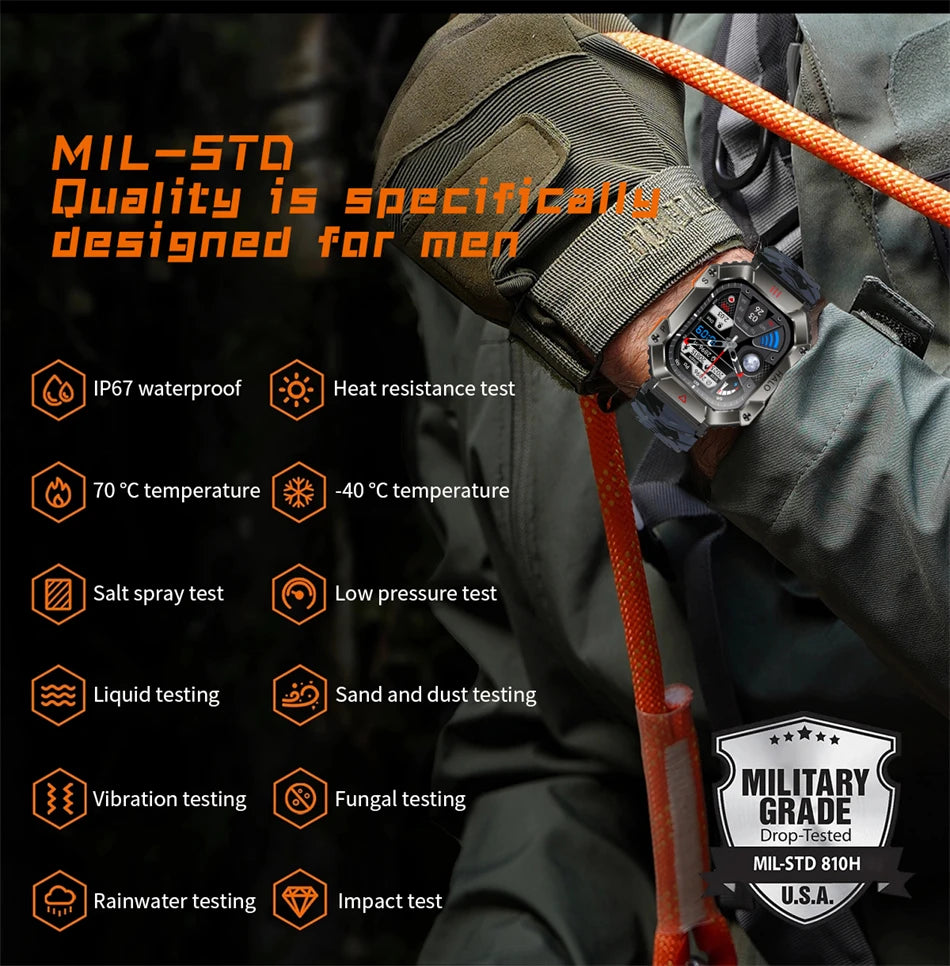 2024 New Durable Military Smart Watch Men Bluetooth Call Custom Dial IP67 Waterproof Compass Sports Smartwatch For Android Ios