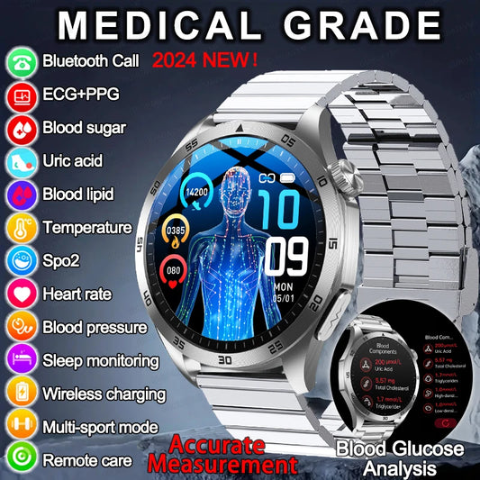 2024 AI Medical Diagnosis Smart Watch Bluetooth Call Blood Sugar Blood Lipid Uric Acid Monitor HRV ECG Smartwatch For Men Women