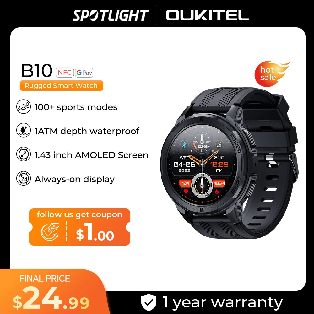 Oukitel BT10 SmartWatch Sport 2024 Smart Watch For Men 410mAh 1.43 Inch BT5.2  Men's Smartwatch