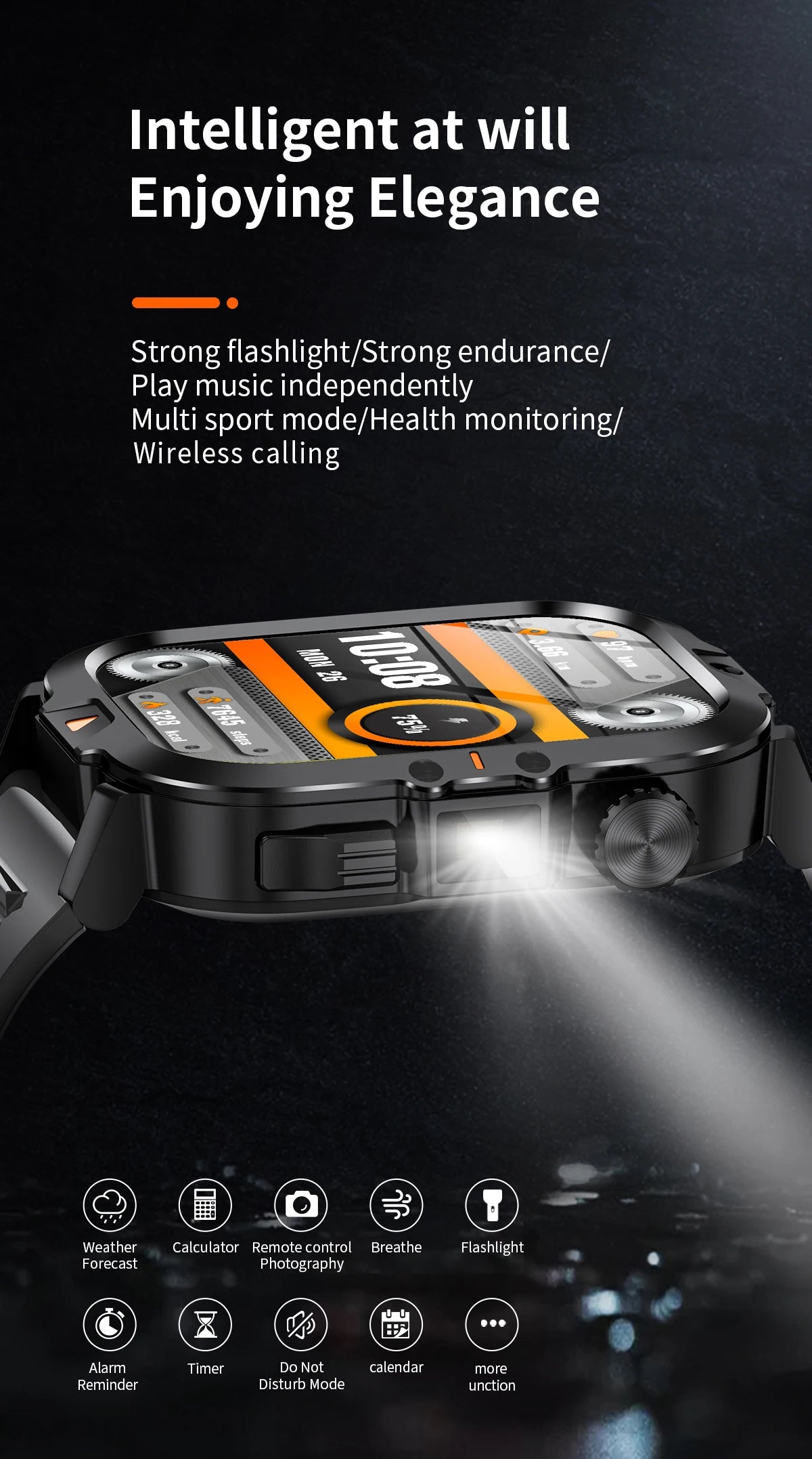 LIGE Military Smart Watch Men's Fitness Watches Waterproof 2.01'' AI Voice Bluetooth Call Flashlight Smartwatch 2024 For Xiaomi