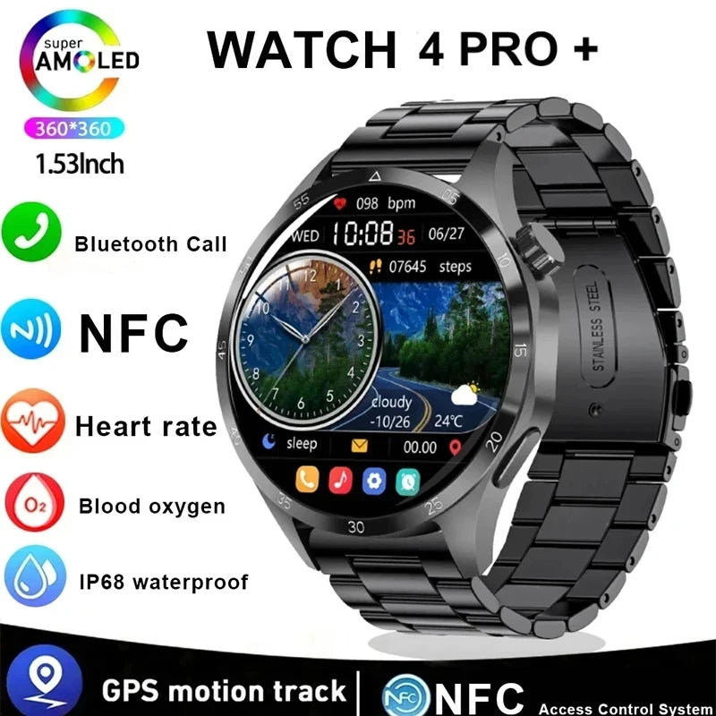 2024 New Smart Watch Men For Watch 4 Pro AMOLED Screen Heart rate Bluetooth Call NFC IP68Waterproof Blood Sugar Smartwatch