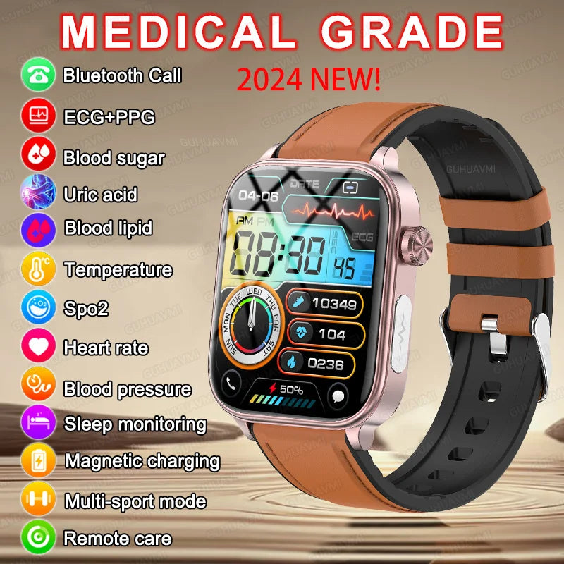 ECG+PPG Smart Watch Men 1.95" Screen Blood Pressure intelligent micro-examination Body Temperature Blood Glucose Smartwatch 2024