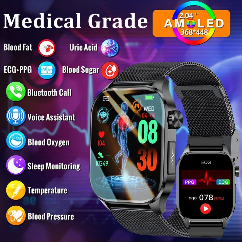 2024 New Ecg Smart Watch Men AMOLED Watches Heart Rate Blood sugar Lipids Uric Acid Women Health Tracker Call SmartWatch Ledies