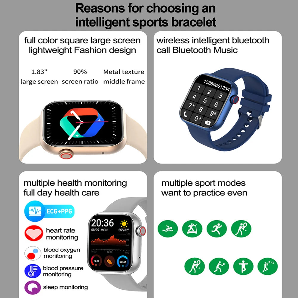 2024 New Smart Watch Men Women 1.83" HD Screen Heart Rate Sport Fitness Bracelet Custom Dial Bluetooth Call Smartwatch Gift