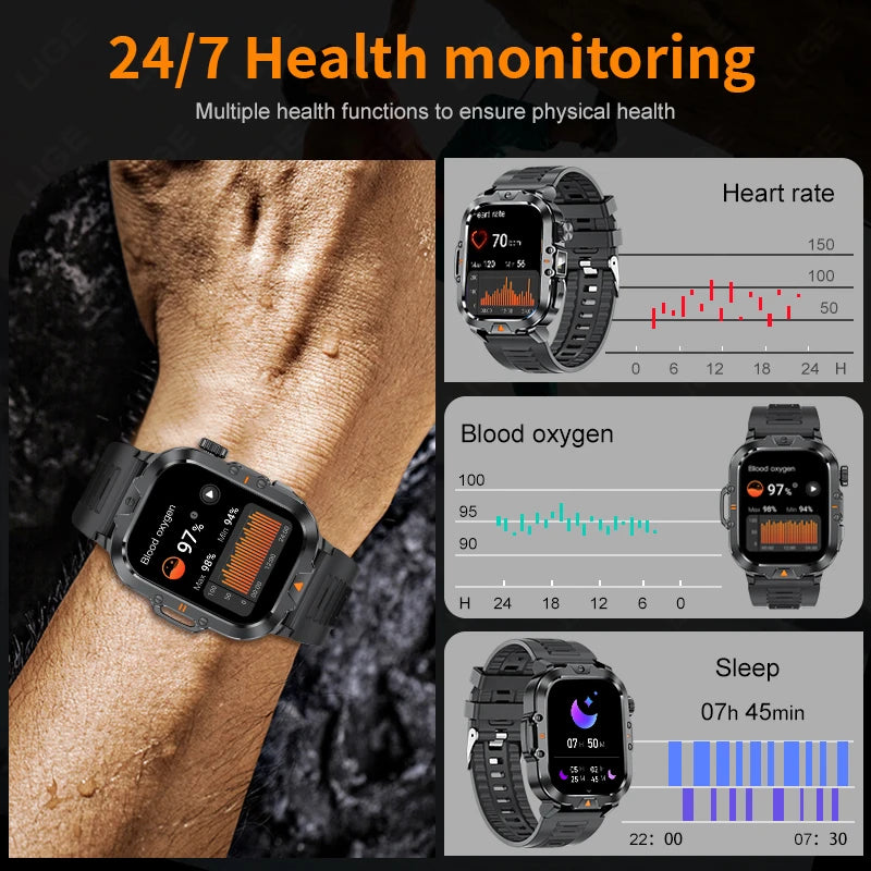 LIGE Outdoor Smart Watch 2.01-inch Screen Bluetooth Call LED Flashlight Watches Heart Rate Blood Oxygen Monitor Smartwatch 2024