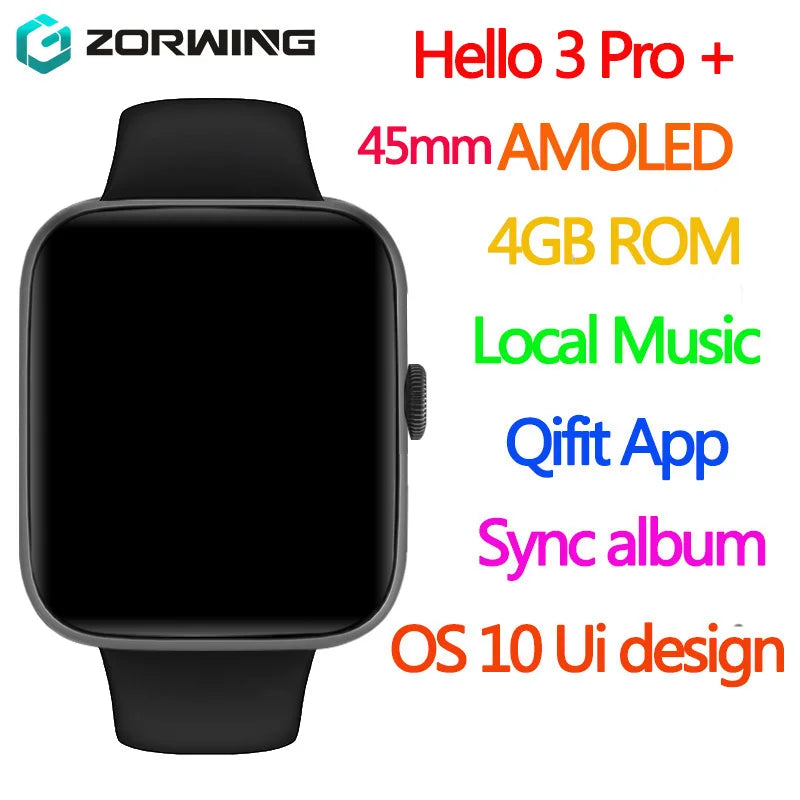 Hello 3 Pro Plus AMOLED Smart Watch 4GB ROM Men 45mm Local Music Recording Smartwatch OS10 Album Sync Women Qifit 2024