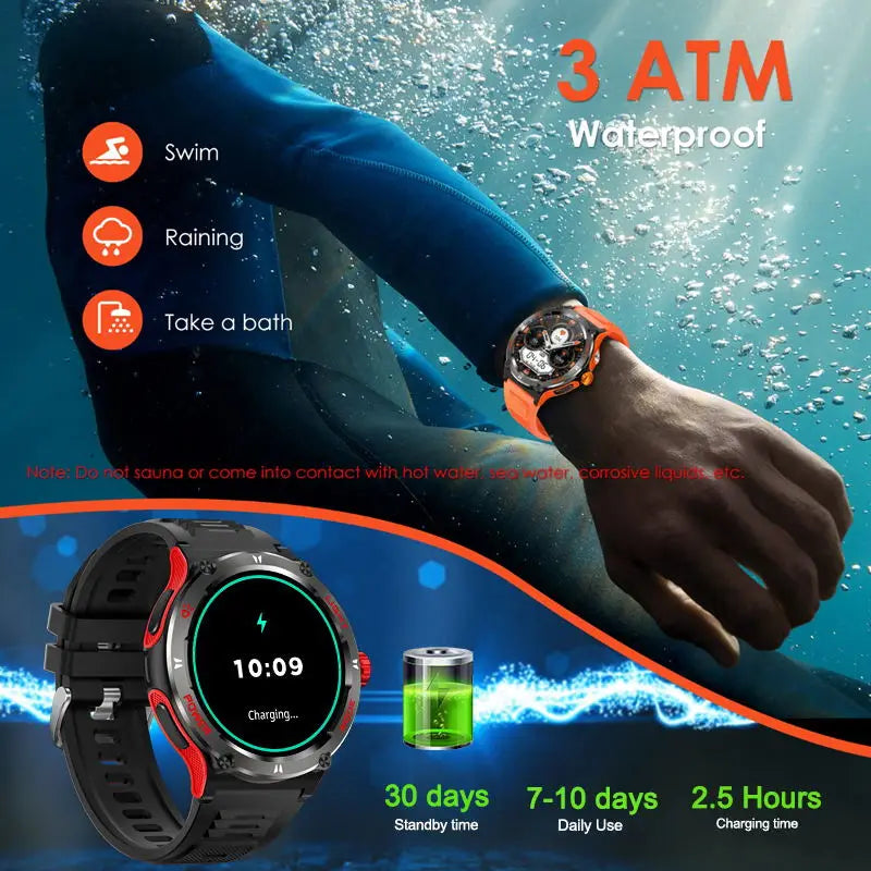 2024﻿ New For Xiaomi Military grade Outdoors Smart Watch Men LED Light Compass 3ATM Waterproof Bluetooth Call Fitness Smartwatch