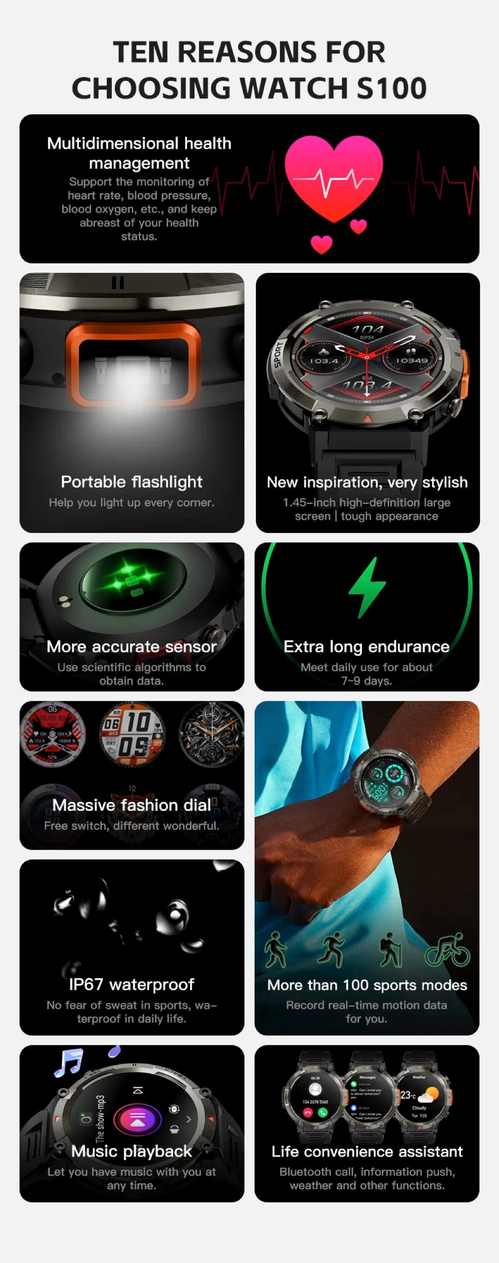 2024 Outdoor Sport Smartwatch Men Flashlight Heart Rate Fitness Bracelet Bluetooth Call Whatsapp Notification Waterproof Watch