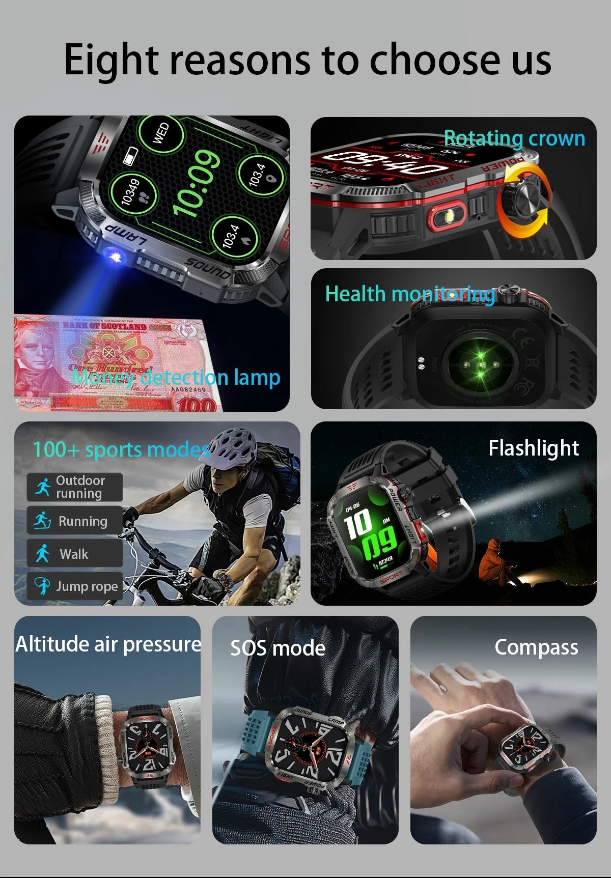 2024 Smarthwhatch Flashlight Outdoor Sports Smart Watch Men Women 600mah reloj hombre Compass Bluetooth Music 2.01'' Smartwatch