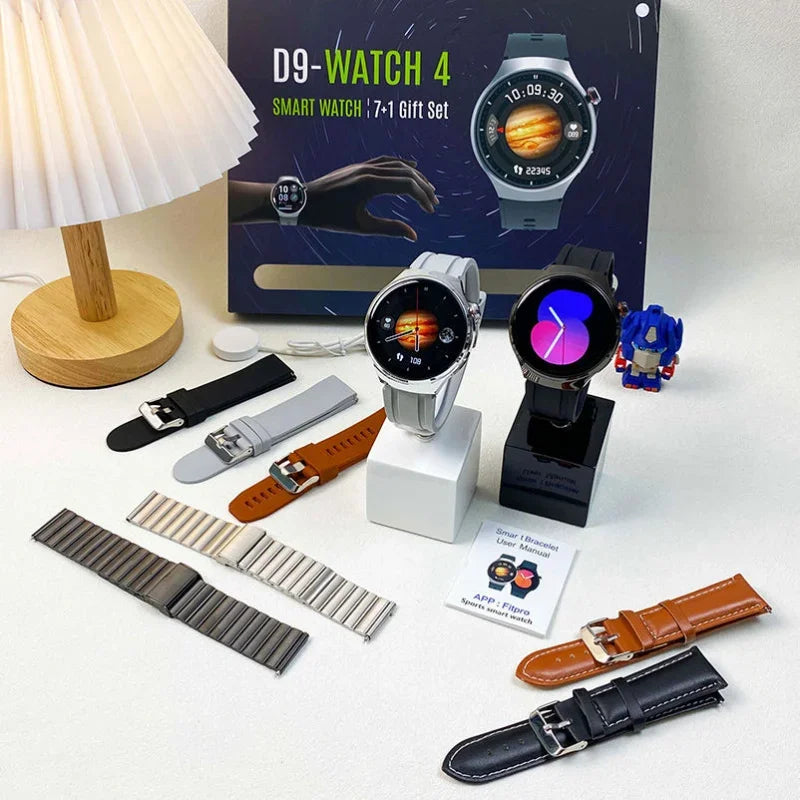 2024 New Smartwatch D9-Watch 4 with 7 Straps For Men Business Bluetooth Call Round Screen Smart Watch Women Gift D9 watch4