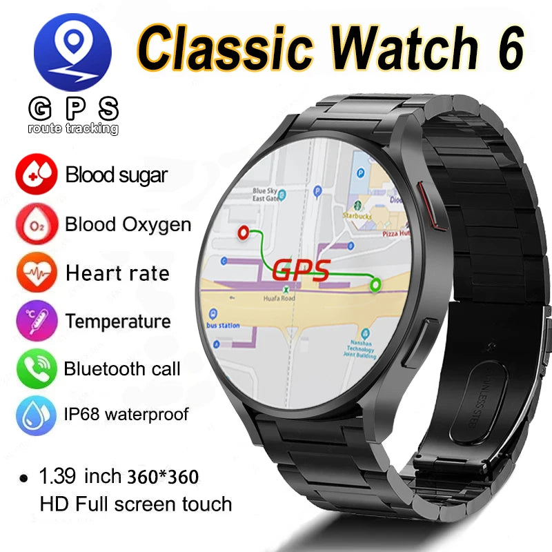 2024 New Watch 6 AMOLED Smart Watch Men Blood Sugar Bluetooth Call GPS Sport Tracker IP68 Waterproof Women Smartwatch Clock