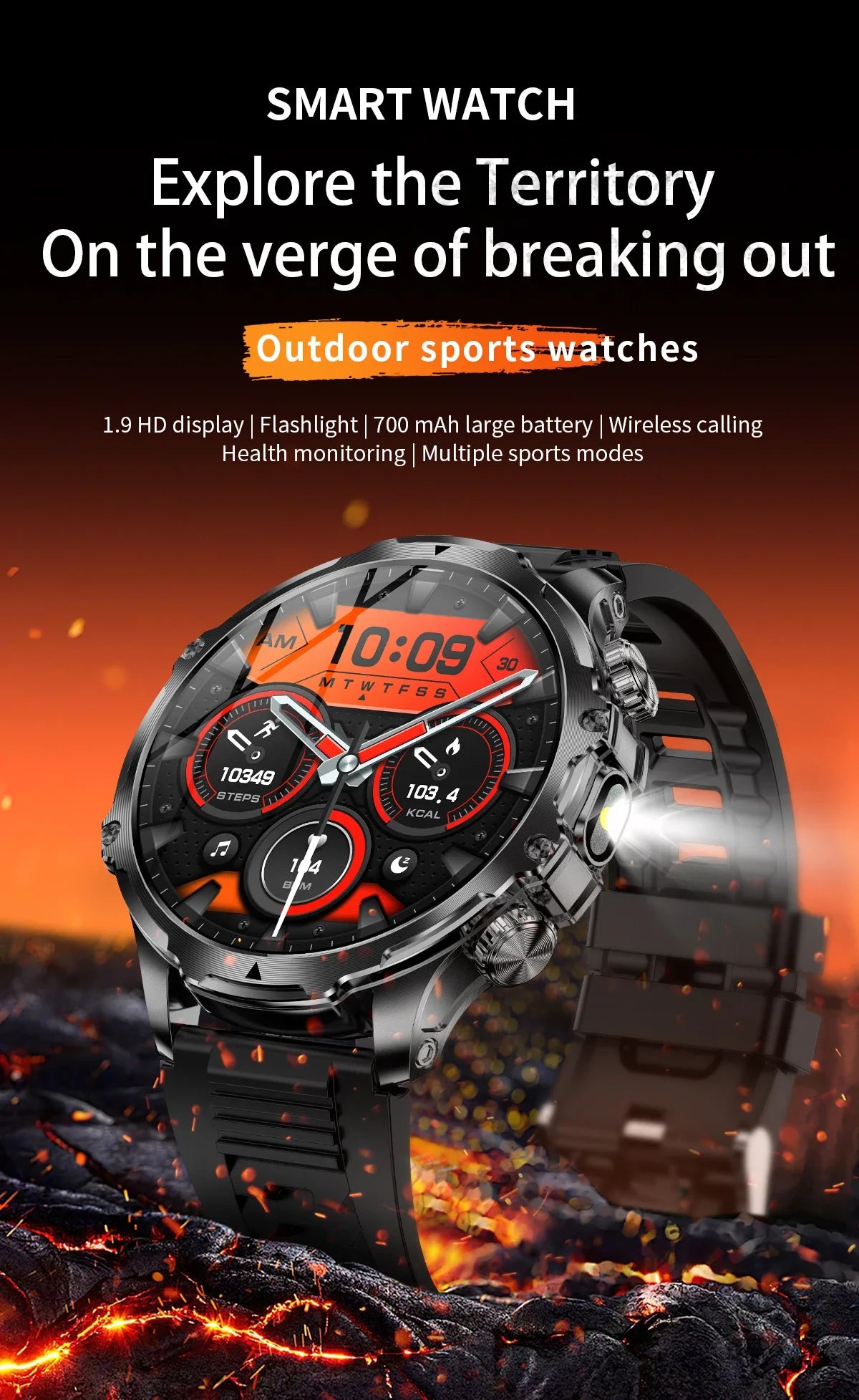 2024 New V69 Pro Smart Watch 1.9 inch HD Screen Flashlight Mens Outdoor Smartwatch AI Voice BT Call Blood Oxygen 700mAh Battery