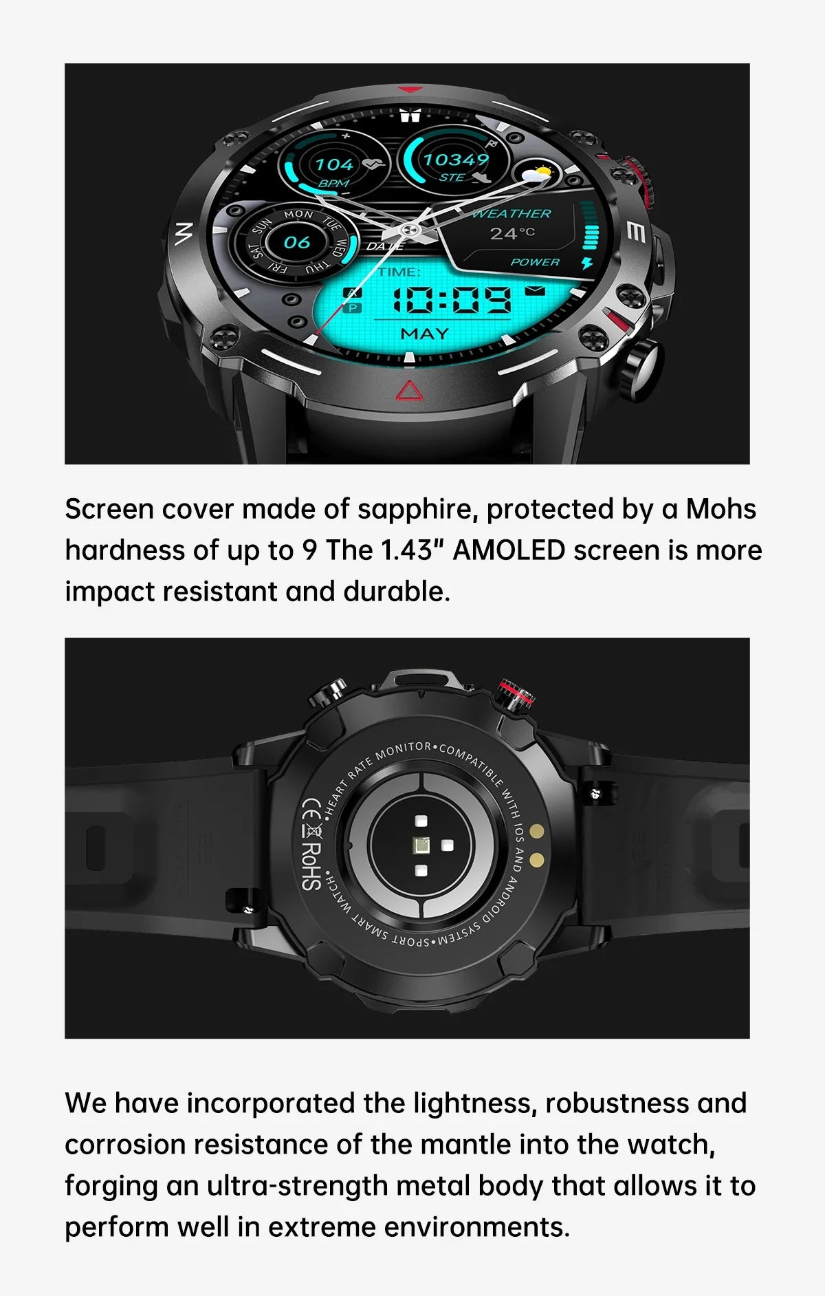 2024 New Original Rugged Military 410mAh Large Battery Men Smart Watch AMOLED Screen 100+ Sports Mode  Bluetooth Call Smartwatch